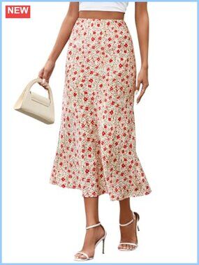 Satin Midi Skirt High Waisted A-Line Elastic Waist Flowy Printed
